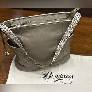 Brighton Handbag Gray Leather Hobo Shoulder Bag with Braided Leather Strap